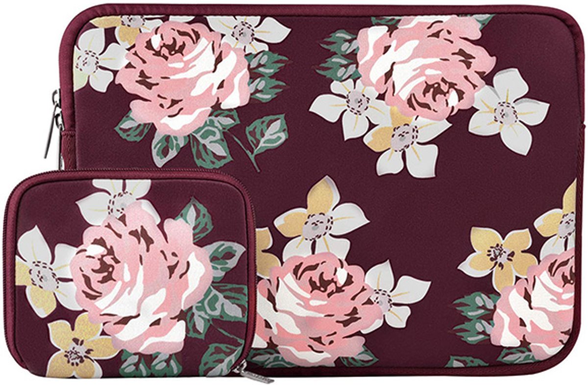 Luxe Laptophoes Bloemenprint met Tasje voor Oplader of Muis | Bordeauxrood | 13 inch | Ritssluiting | Laptop Accessoires